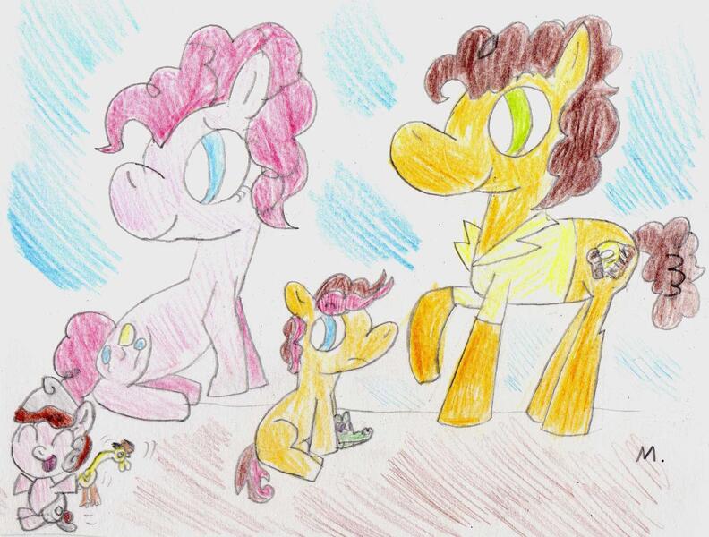 Size: 2203x1669 | Tagged: safe, artist:ptitemouette, derpibooru import, cheese sandwich, pinkie pie, oc, oc:cheese cake, oc:cheese party, pony, cheesepie, female, male, offspring, parent:cheese sandwich, parent:pinkie pie, parents:cheesepie, shipping, straight, traditional art