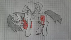 Size: 1600x900 | Tagged: grimdark, artist:sachiko765, derpibooru import, oc, unofficial characters only, pony, blood, graph paper, lined paper, sad, traditional art