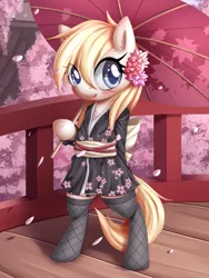 Size: 1289x1710 | Tagged: safe, artist:aryanne, derpibooru import, oc, oc:aryanne, unofficial characters only, pony, bipedal, blushing, cherry blossoms, clothes, colored pupils, cute, female, flower, flower blossom, flower in hair, kimono (clothing), looking at you, mare, ocbetes, socks, solo, umbrella