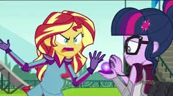 Size: 300x168 | Tagged: safe, derpibooru import, edit, edited screencap, screencap, sci-twi, sunset shimmer, twilight sparkle, comic:a new change, fanfic, equestria girls, friendship games, angry, bad edit, picture for breezies, pregnant, pregnant edit, teen pregnancy