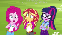 Size: 201x113 | Tagged: safe, derpibooru import, edit, edited screencap, screencap, pinkie pie, sci-twi, sunset shimmer, twilight sparkle, comic:a new change, fanfic, equestria girls, legend of everfree, bad edit, camp everfree outfits, picture for breezies, pregnant, pregnant edit, teen pregnancy