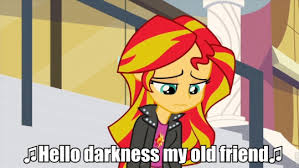 Size: 299x168 | Tagged: safe, derpibooru import, edit, edited screencap, screencap, sunset shimmer, equestria girls, rainbow rocks, hello darkness my old friend, image macro, meme, solo, text, the sound of silence