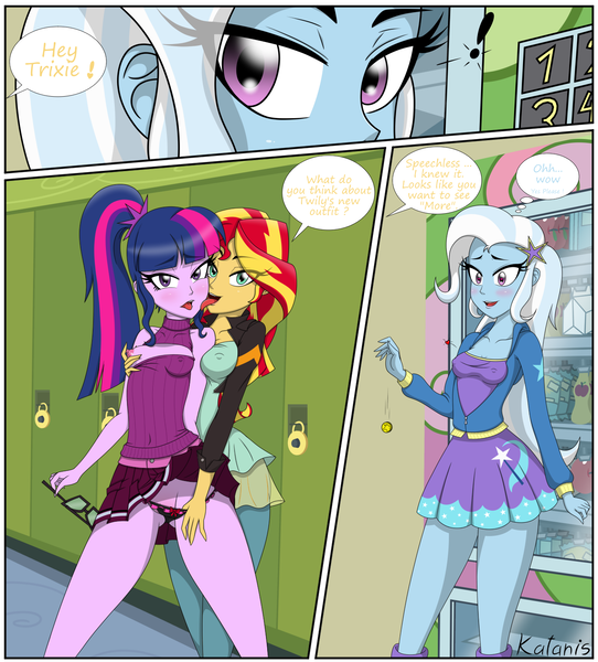 Size: 1356x1500 | Tagged: questionable, artist:katanis, derpibooru import, sci-twi, sunset shimmer, trixie, twilight sparkle, equestria girls, blushing, breast fondling, breast grab, breasts, clothes, comic, dialogue, erect nipples, female, frilly underwear, grope, leggings, lesbian, licking, nipples, nudity, open-chest sweater, panties, panties pulled down, panty pull, scitwishimmer, shipping, skirt, skirt lift, sleeveless sweater, sunsetsparkle, sweater, tongue out, underwear, vending machine