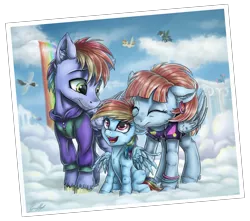 Size: 3773x3337 | Tagged: safe, artist:gaelledragons, derpibooru import, bow hothoof, rainbow dash, windy whistles, pony, clothes, cloud, cloudsdale, cute, eyes closed, family, father and daughter, female, filly, filly rainbow dash, male, mare, mother and daughter, photo, rainbow dash's parents, rainbow waterfall, stallion, younger