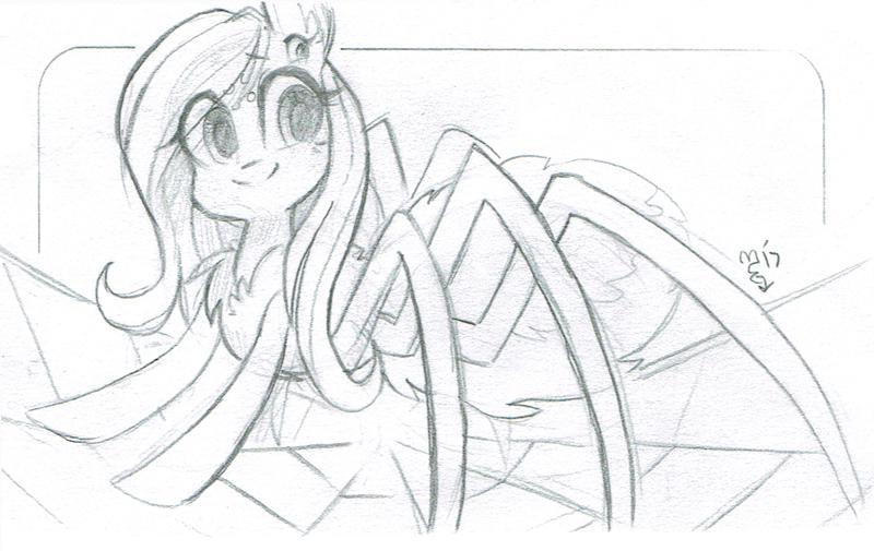 Size: 800x505 | Tagged: artist:meekcheep, chest fluff, derpibooru import, female, fluttershy, looking away, monochrome, monster pony, multiple eyes, original species, safe, smiling, solo, species swap, spiderpony, spidershy, spider web, traditional art