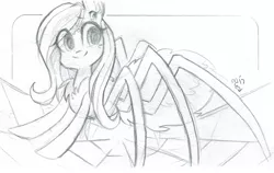 Size: 800x505 | Tagged: artist:meekcheep, chest fluff, derpibooru import, female, fluttershy, looking away, monochrome, monster pony, multiple eyes, original species, safe, smiling, solo, species swap, spiderpony, spidershy, spider web, traditional art