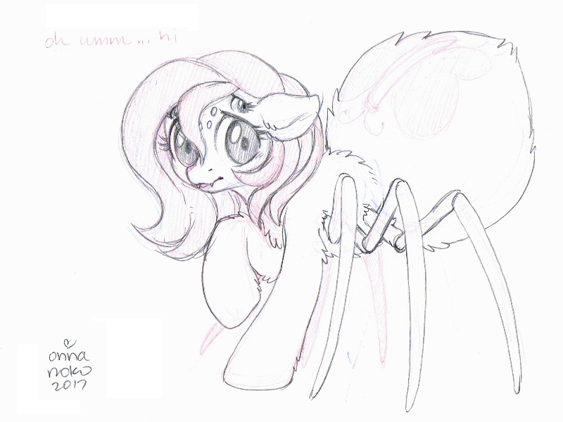 Size: 800x600 | Tagged: artist:onnanoko, chest fluff, cute, cute little fangs, derpibooru import, fangs, female, floppy ears, fluttershy, hi, looking at you, monochrome, monster pony, multiple eyes, original species, raised hoof, safe, solo, species swap, spiderpony, spidershy, traditional art