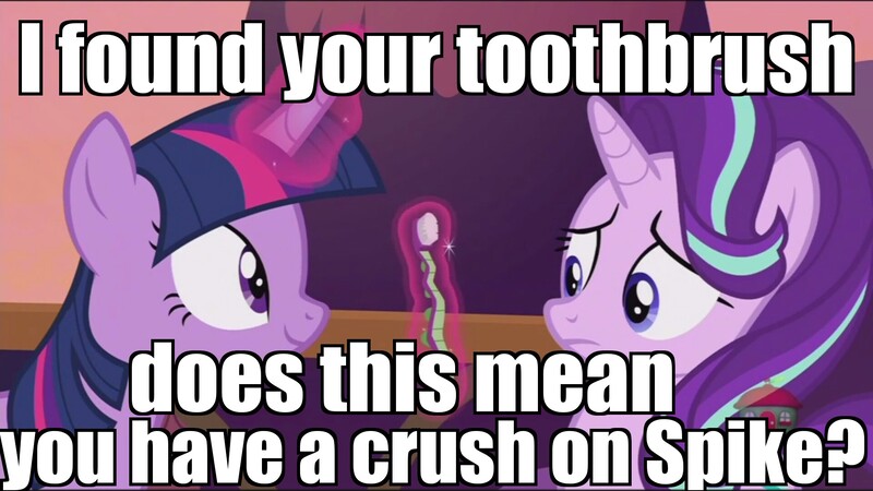 Size: 1920x1080 | Tagged: safe, derpibooru import, edit, edited screencap, screencap, starlight glimmer, twilight sparkle, twilight sparkle (alicorn), alicorn, pony, a royal problem, image macro, implied sparlight, magic, meme, spikebrush, telekinesis, toothbrush