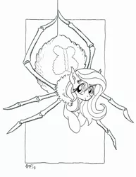 Size: 618x800 | Tagged: artist:tonyfleecs, derpibooru import, female, fluttershy, hanging, looking at you, monochrome, monster pony, multiple eyes, original species, safe, solo, species swap, spiderpony, spidershy, traditional art