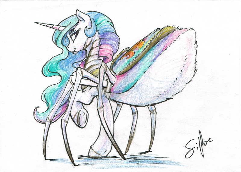 Size: 800x571 | Tagged: artist:silfoe, derpibooru import, female, fluffy, looking back, monster pony, original species, princess celestia, safe, simple background, solo, species swap, spiderlestia, spiderpony, traditional art, underhoof, white background