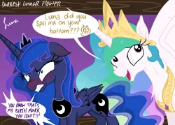 Size: 4823x3445 | Tagged: safe, artist:darkest-lunar-flower, derpibooru import, princess celestia, princess luna, alicorn, pony, absurd resolution, angry, blushing, dialogue, ear blush, embarrassed, floppy ears, gritted teeth, open mouth, sillestia, silly, smiling, spread wings, trollestia, wings