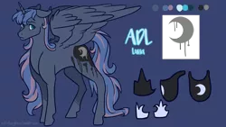 Size: 1920x1080 | Tagged: safe, artist:ebonytails, derpibooru import, princess luna, pony, ask dissy luna, alternate universe, blue background, discorded, reference sheet, simple background, solo