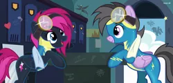 Size: 2250x1080 | Tagged: safe, artist:noah-x3, derpibooru import, oc, oc:chloe jones, oc:neon flare, unofficial characters only, pegasus, pony, clothes, female, goggles, locker room, mare, uniform, wonderbolt trainee uniform, wonderbolts uniform