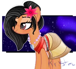 Size: 1088x982 | Tagged: safe, artist:mizhoreonechan, derpibooru import, ponified, earth pony, pony, clothes, dress, female, flower, flower in hair, glitter, heart, heart eyes, jewelry, lidded eyes, mare, moana, necklace, night, simple background, smiling, solo, stars, transparent background, wingding eyes