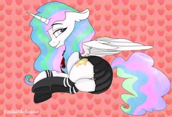 Size: 1548x1059 | Tagged: suggestive, artist:yashathebasher, derpibooru import, princess celestia, alicorn, pony, clothes, looking back, panties, pleated skirt, school uniform, skirt, skirt lift, socks, solo, striped underwear, stupid sexy celestia, underwear