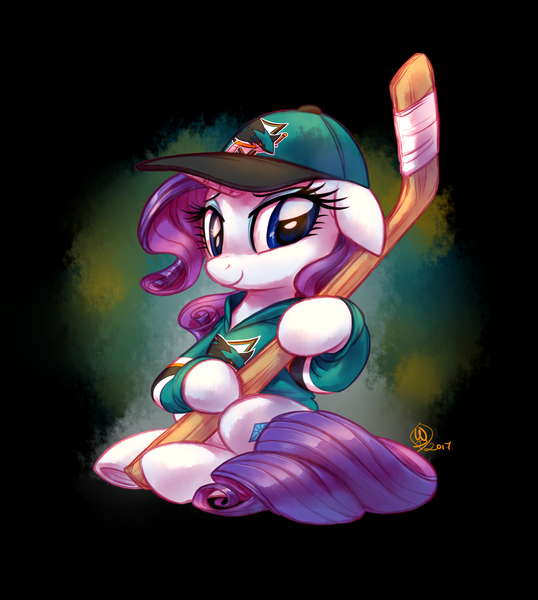 Size: 2600x2900 | Tagged: safe, artist:whitediamonds, derpibooru import, rarity, pony, clothes, commission, hat, hockey, hockey stick, ice hockey, jersey, nhl, san jose sharks, shirt, solo, sports