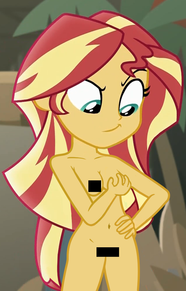 Size: 642x1005 | Tagged: questionable, derpibooru import, edit, edited screencap, screencap, sunset shimmer, equestria girls, movie magic, spoiler:eqg specials, belly button, breast edit, breasts, censor bar, censored, cropped, faic, female, grope, nude edit, nudity, palm tree, practitioner of naturism, smiling, smug, solo, solo female, strategically uncovered