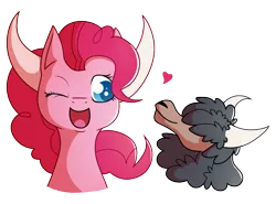 Size: 884x653 | Tagged: safe, artist:amazingmollusk, derpibooru import, pinkie pie, earth pony, pony, yak, not asking for trouble, happy, heart, horns, one eye closed, open mouth, pie daily, simple background, smiling, transparent background, wink