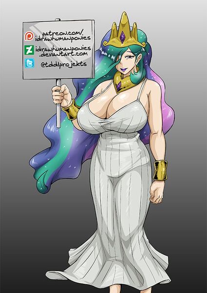 Size: 566x800 | Tagged: advertisement, artist:muramasa, big breasts, breasts, busty princess celestia, cleavage, derpibooru import, female, gradient background, hair over one eye, huge breasts, human, humanized, lipstick, patreon, patreon logo, princess celestia, sign, solo, suggestive, tumblr, url