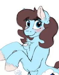 Size: 1500x1927 | Tagged: safe, artist:polar puff, derpibooru import, oc, oc:polar puff, unofficial characters only, earth pony, pony, blue eyes, blushing, chest fluff, cute, ear fluff, female, flat colors, fluffy, looking at you, mare, simple background, sketch, solo, unshorn fetlocks, white background
