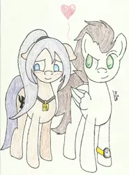 Size: 770x1038 | Tagged: safe, artist:lunarspectrum, derpibooru import, oc, oc:ateren steelbender, oc:yuu fengo, unofficial characters only, pony, blue eyes, blushing, flirting, green eyes, heart, ponytail, shipping, watch, wings