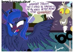 Size: 4823x3445 | Tagged: safe, artist:darkest-lunar-flower, derpibooru import, discord, princess luna, alicorn, draconequus, pony, absurd resolution, angry, blushing, clipped wings, dialogue, discord being discord, floppy ears, grin, luna is not amused, open mouth, prank, scissors, shrunken pupils, smiling, speech bubble, spread wings, this will end in pain and/or death, this will end in petrification, unamused, varying degrees of amusement, wings, yelling