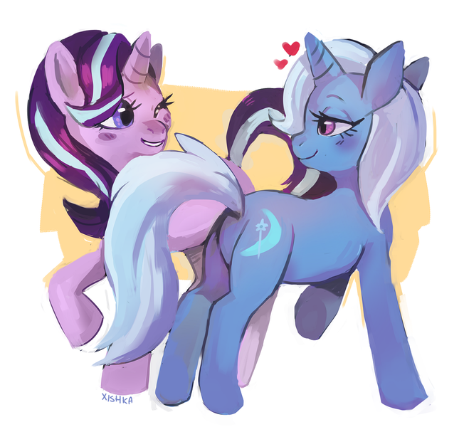 Size: 1200x1104 | Tagged: safe, artist:cherivinca, derpibooru import, starlight glimmer, trixie, pony, unicorn, blushing, female, heart, lesbian, lidded eyes, looking at each other, mare, one eye closed, raised hoof, shipping, simple background, smiling, startrix, tail seduce, underhoof, white background, wink