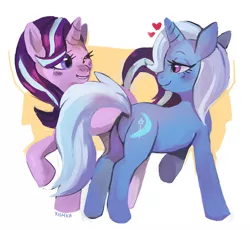 Size: 1200x1104 | Tagged: safe, artist:cherivinca, derpibooru import, starlight glimmer, trixie, pony, unicorn, blushing, female, heart, lesbian, lidded eyes, looking at each other, mare, one eye closed, raised hoof, shipping, simple background, smiling, startrix, tail seduce, underhoof, white background, wink