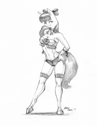 Size: 1100x1433 | Tagged: abs, anthro, apple bloom, apple bloomers, artist:baron engel, breasts, busty apple bloom, clothes, derpibooru import, female, grayscale, monochrome, older, pencil drawing, signature, simple background, solo, solo female, sports panties, suggestive, traditional art, unguligrade anthro, white background