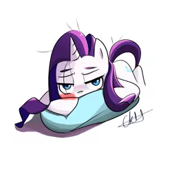 Size: 1000x1000 | Tagged: safe, artist:aquacola, derpibooru import, rarity, pony, unicorn, pillow, simple background, solo, white background