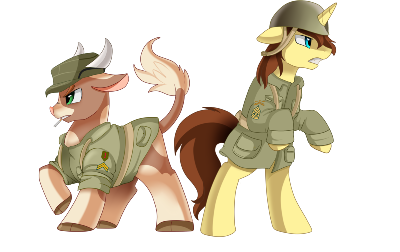 Size: 3318x2095 | Tagged: safe, artist:pridark, derpibooru import, oc, unofficial characters only, bull, pony, unicorn, bipedal, cigarette, clothes, commission, duo, green eyes, gritted teeth, hat, helmet, male, military, raised hoof, simple background, stallion, transparent background