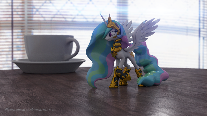 Size: 1920x1080 | Tagged: safe, artist:thelunagames, derpibooru import, princess celestia, alicorn, pony, 3d, armor, cinema 4d, cup, photorealistic, plate, solo, spread wings, table, teacup, wings