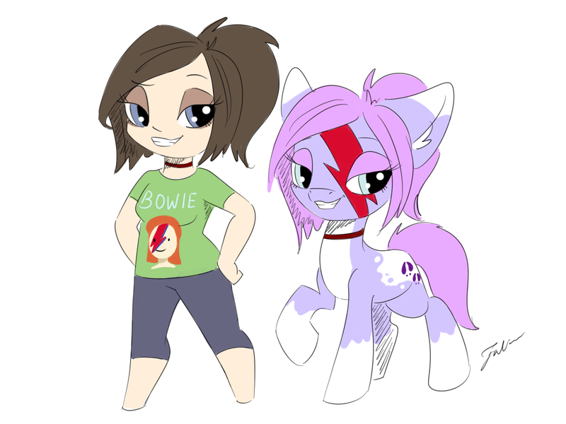 Size: 1600x1200 | Tagged: safe, artist:faline-art, derpibooru import, oc, unofficial characters only, human, pony, aladdin sane, choker, david bowie, female, mare, ponytail, simple background, smug, swag, white background