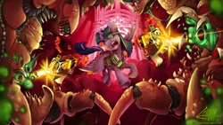 Size: 1024x576 | Tagged: safe, artist:eztp, derpibooru import, twilight sparkle, twilight sparkle (alicorn), alicorn, demon, pony, fanfic, fanfic:iron hearts, angry, augmented, bolter, chains, chaos, commission, fanfic art, gun, violence, warhammer (game), warhammer 40k, weapon