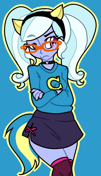 Size: 1013x1764 | Tagged: safe, artist:/d/non, derpibooru import, sugarcoat, equestria girls, 30 minute art challenge, alternate hairstyle, blue background, canterlot sweater, clothes, collar, female, glasses, knee high socks, pigtails, simple background, skirt, socks, solo, spiked collar, twintails, wondercolts uniform