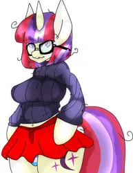 Size: 1130x1465 | Tagged: suggestive, artist:pon-tea, derpibooru import, moondancer, anthro, unguligrade anthro, unicorn, adorkasexy, arm hooves, belly button, breasts, busty moondancer, clothes, cute, female, glasses, lipstick, midriff, miniskirt, panties, short skirt, simple background, skirt, skirt lift, solo, solo female, striped underwear, sweater, thighs, underwear, upskirt