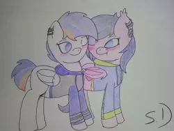 Size: 960x720 | Tagged: safe, derpibooru import, oc, oc:astral ace, oc:sapphire dawn, unofficial characters only, bat pony, pegasus, pony, blushing, clothes, colored, cute, ear piercing, eyes closed, gauges, hoodie, piercing, shipping, snake bites, traditional art