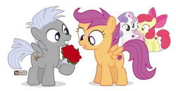 Size: 1050x540 | Tagged: safe, artist:dm29, derpibooru import, apple bloom, chipcutter, scootaloo, sweetie belle, pony, forever filly, commission, cutie mark crusaders, flower, rose, scootachip, shipping, simple background, transparent background