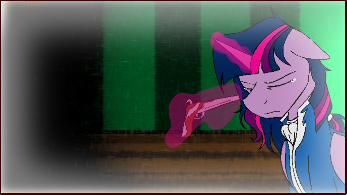 Size: 689x388 | Tagged: semi-grimdark, artist:stuflox, derpibooru import, twilight sparkle, twilight sparkle (alicorn), alicorn, pony, unicorn, clothes, dusk shine, eyes closed, floppy ears, glowing horn, gun, handgun, horn, imminent suicide, levitation, magic, male, mondego, monsparkle, pistol, revolver, rule 63, solo, spoilers for another series, stallion, telekinesis, the count of monte cristo, weapon