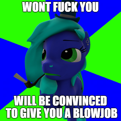 Size: 500x500 | Tagged: suggestive, artist:freemau, deleted from derpibooru, derpibooru import, oc, oc:glitch, unofficial characters only, pony, 3d, advice animal, drugs, hat, image macro, joint, marijuana, meme, pipe, solo, top hat, vulgar