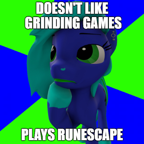 Size: 500x500 | Tagged: safe, artist:freemau, deleted from derpibooru, derpibooru import, oc, oc:glitch, unofficial characters only, pony, 3d, advice animal, meme, runescape, solo, sunburst background