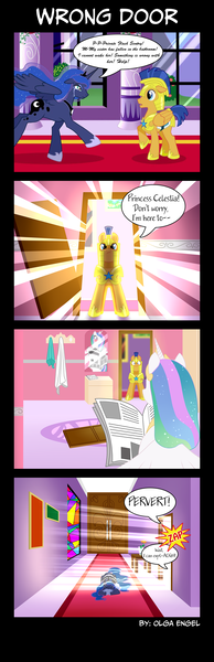 Size: 1024x3163 | Tagged: safe, artist:olga-engel, derpibooru import, edit, editor:str1ker878, flash sentry, princess celestia, princess luna, alicorn, pegasus, pony, abuse, bathroom, blushing, but why, comic, crying, flashabuse, implied pooping, newspaper, prank, this will end in tears and/or a journey to the moon, toilet, translation, trolluna