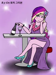 Size: 768x1024 | Tagged: safe, artist:ajrrhvk12, derpibooru import, princess cadance, equestria girls, alcohol, blushing, clothes, dean cadance, dress, flower, flower in hair, glass, high heels, look, looking at you, side slit, sitting, solo, table, wine, wine glass