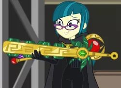 Size: 1263x923 | Tagged: safe, derpibooru import, screencap, juniper montage, equestria girls, movie magic, spoiler:eqg specials, arrow of marapore, bodysuit, cape, clothes, cropped, female, glasses, macuahuitl, scepter, solo, staff of ponypeii, sword of lusitano