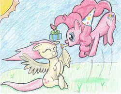 Size: 3300x2550 | Tagged: safe, artist:coloringrainclouds, derpibooru import, fluttershy, pinkie pie, pony, hat, high res, party hat, party horn, prehensile mane, present, puffy cheeks, traditional art, windswept mane