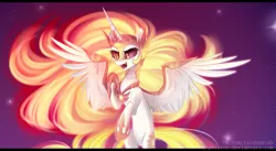 Size: 2808x1544 | Tagged: dead source, safe, artist:mp-printer, derpibooru import, daybreaker, alicorn, pony, a royal problem, evil, fangs, female, helmet, mare, open mouth, scene interpretation, smiling, solo, spread wings, wings