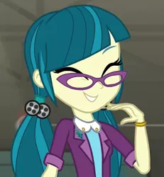 Size: 997x1077 | Tagged: safe, derpibooru import, screencap, juniper montage, equestria girls, movie magic, spoiler:eqg specials, ^^, adorkable, baubles, blazer, bracelet, clothes, cropped, cute, dork, eyes closed, female, glasses, grin, hair tie, jewelry, junibetes, pigtails, shirt, smiling, solo, twintails