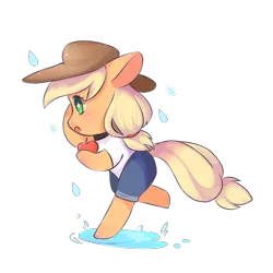 Size: 1515x1515 | Tagged: safe, artist:nitrogenowo, derpibooru import, applejack, earth pony, pony, semi-anthro, apple, chibi, cowboy hat, cute, female, food, hat, jackabetes, mare, rain, running, simple background, solo, stetson, transparent background