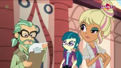 Size: 1920x1080 | Tagged: safe, derpibooru import, screencap, canter zoom, chestnut magnifico, juniper montage, equestria girls, movie magic, spoiler:eqg specials, clipboard, india movie set, teletoon