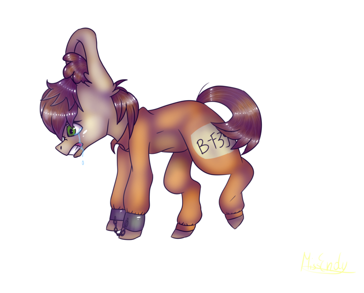 Size: 3103x2503 | Tagged: safe, artist:missendy, derpibooru import, feather bangs, pony, hard to say anything, abuse, anatomically incorrect, broken leg, clothes, crying, huge ears, prison outfit, prisoner, restrained, sad, shackled, shackles, shocked, simple background, solo, transparent background, traumatized